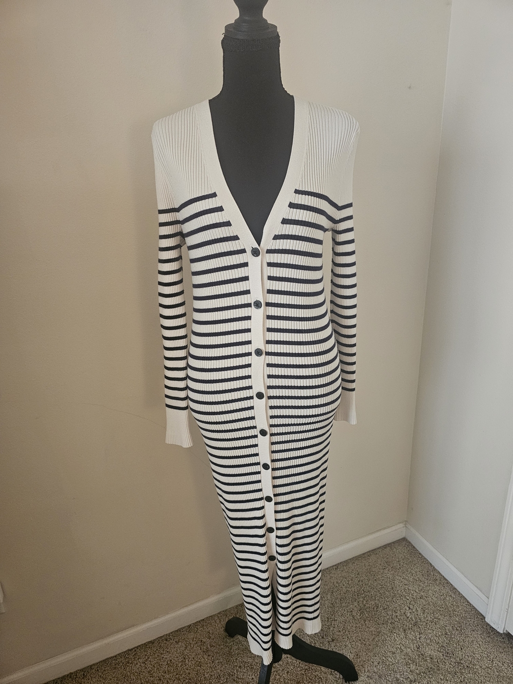 LOFT Navy and White Striped Button-Front Midi Dress
